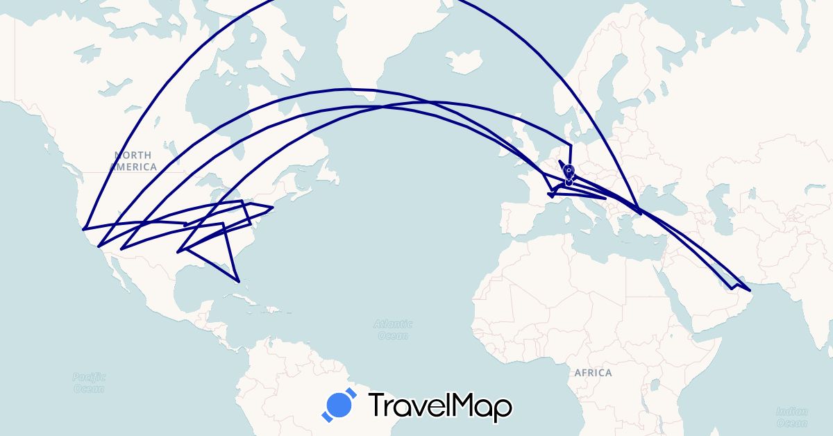 TravelMap itinerary: driving in United Arab Emirates, Bosnia and Herzegovina, Canada, Switzerland, Germany, France, Oman, Turkey, United States (Asia, Europe, North America)